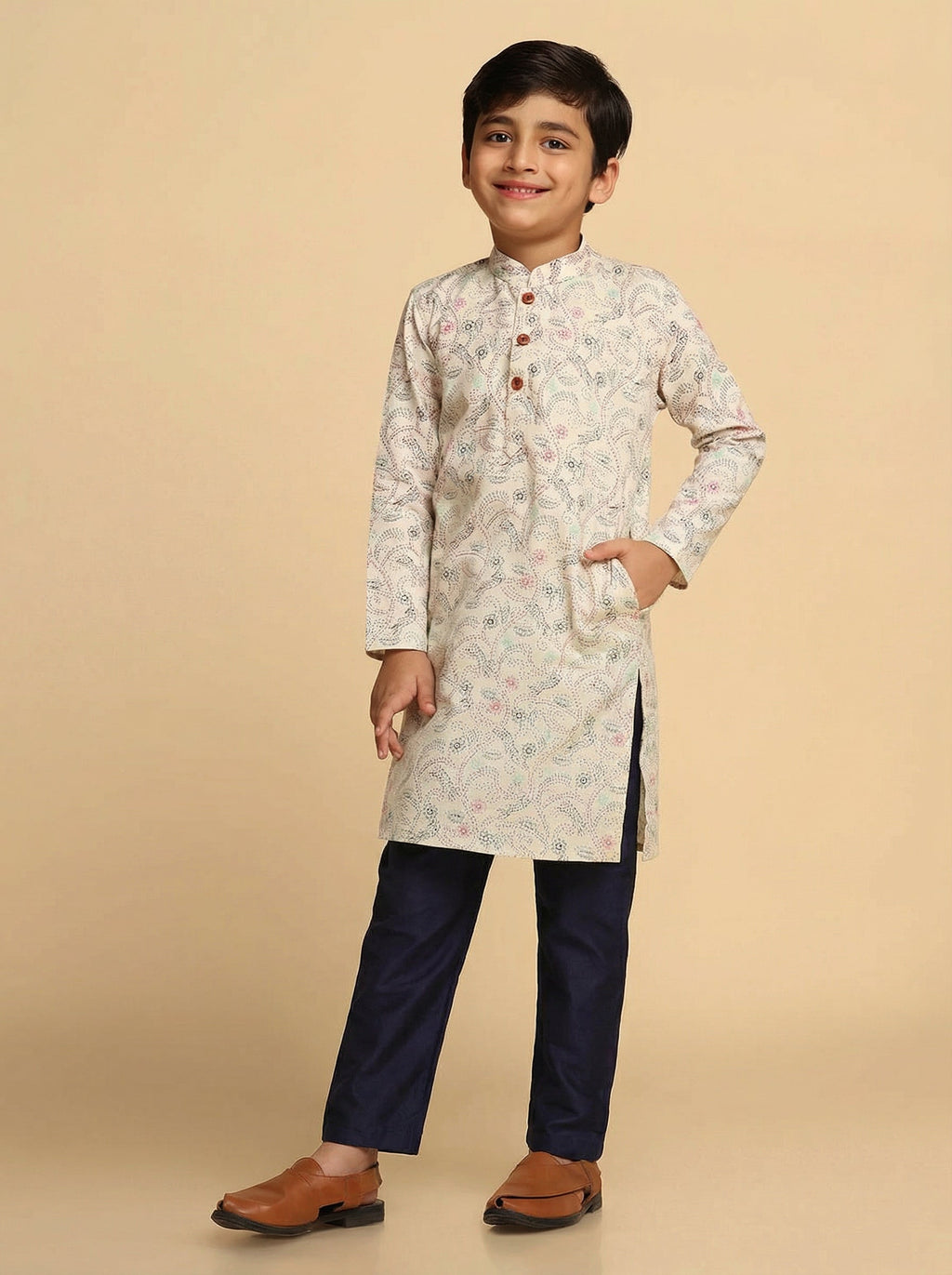 White Multicolor Cotton Blend Printed Kurta Pyjama Set