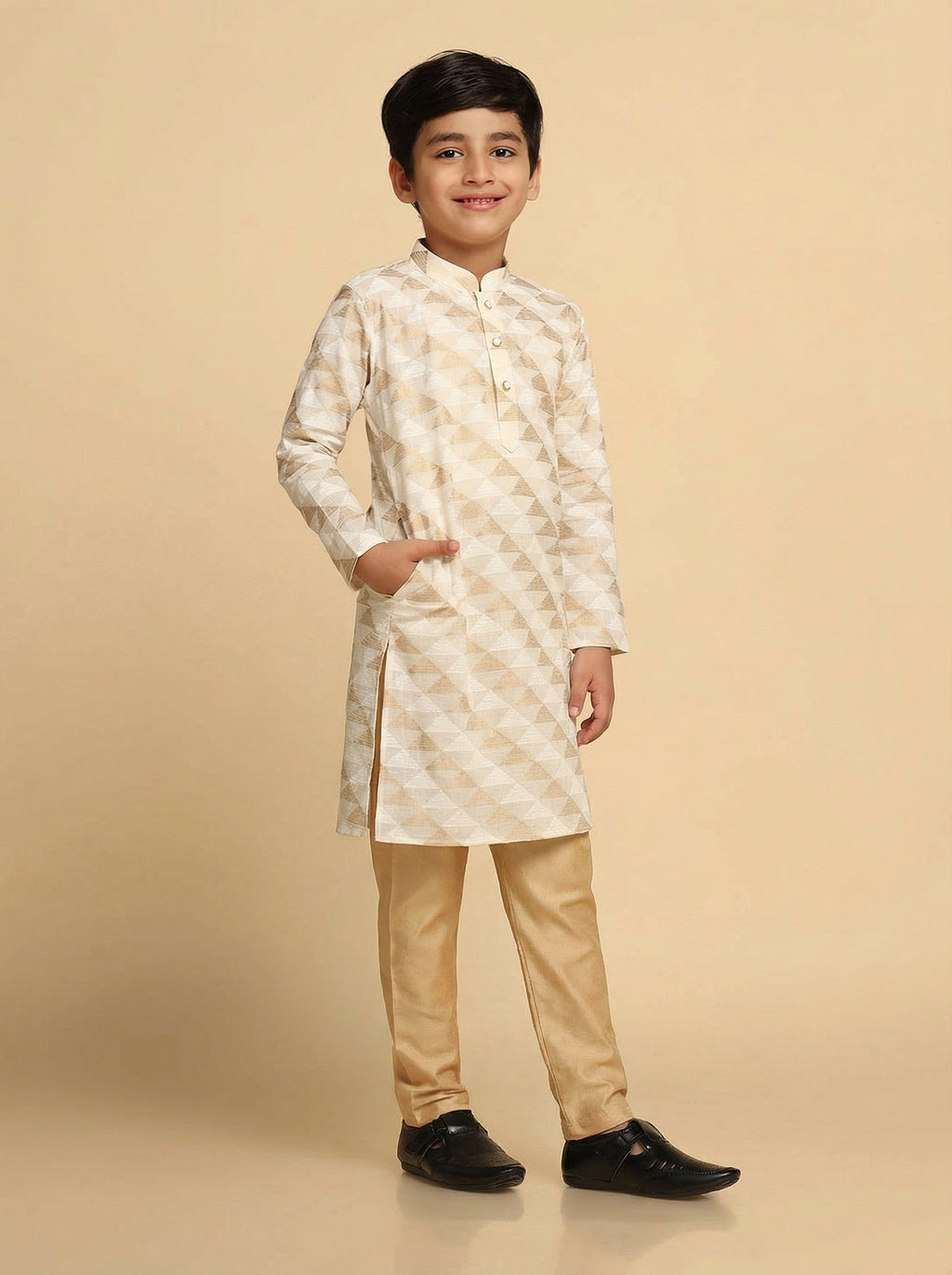 Off White Cotton Blend Printed Kurta Pyjama Set