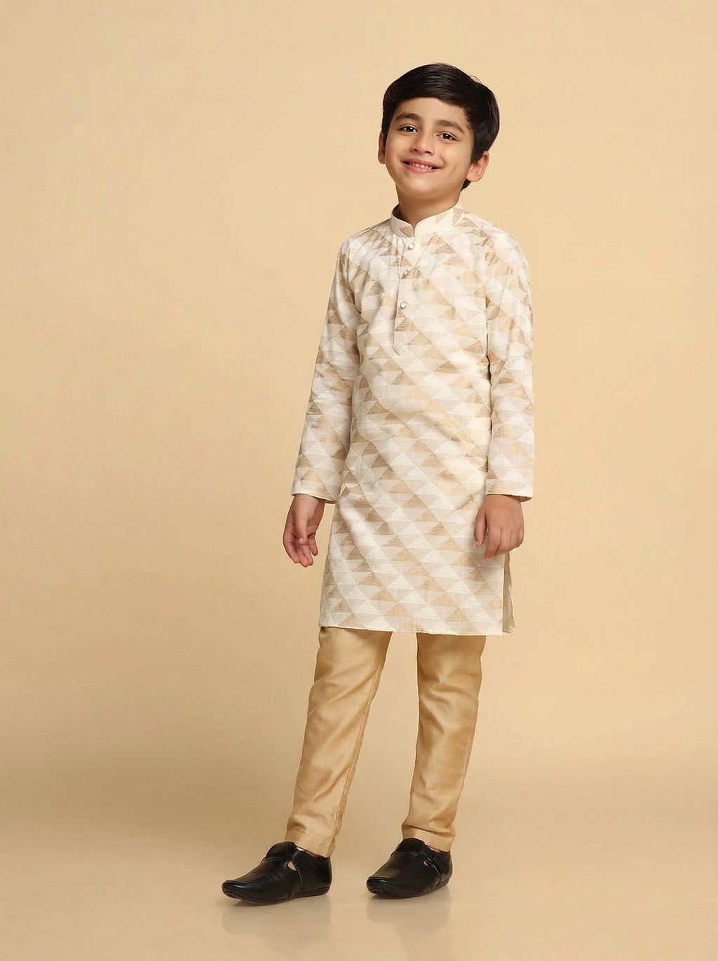 Off White Cotton Blend Printed Kurta Pyjama Set
