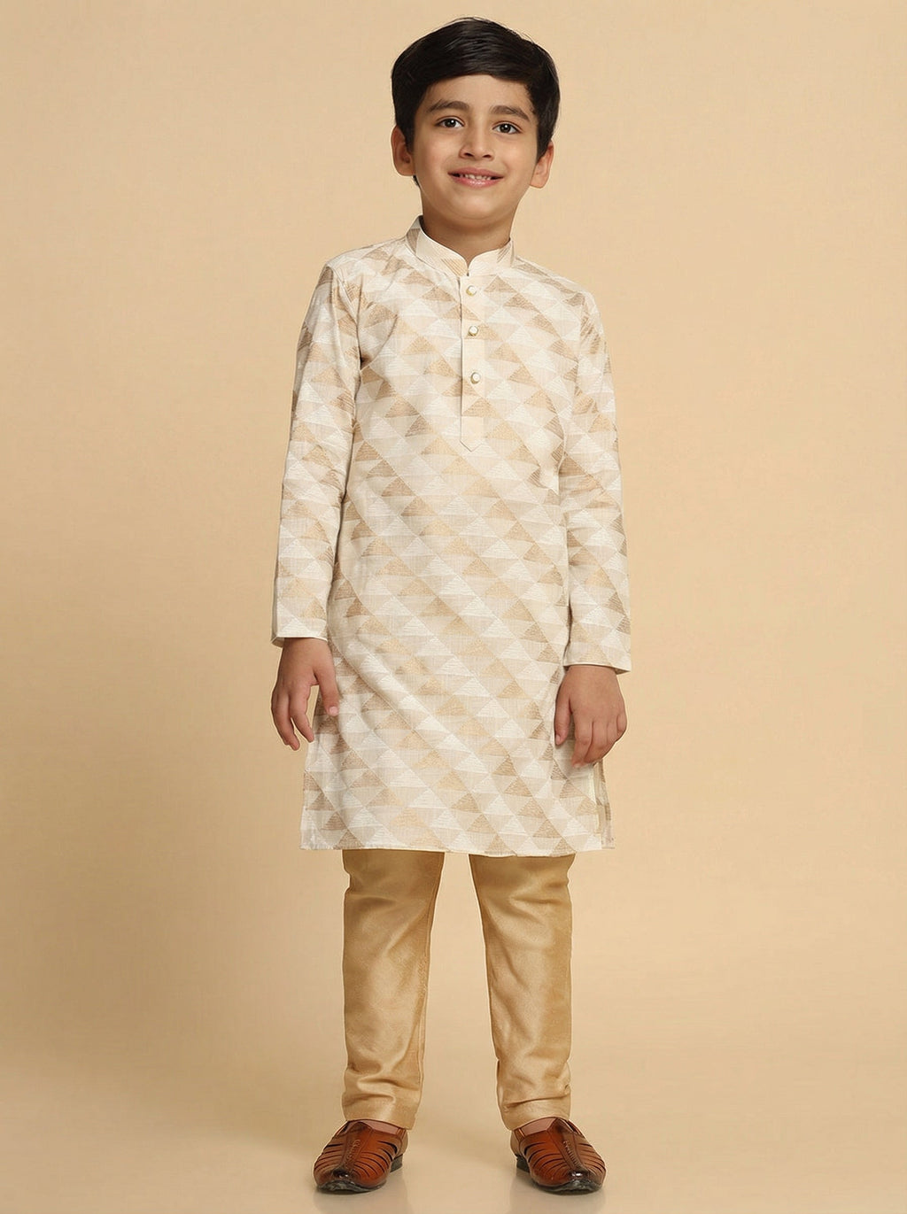 Off White Cotton Blend Printed Kurta Pyjama Set