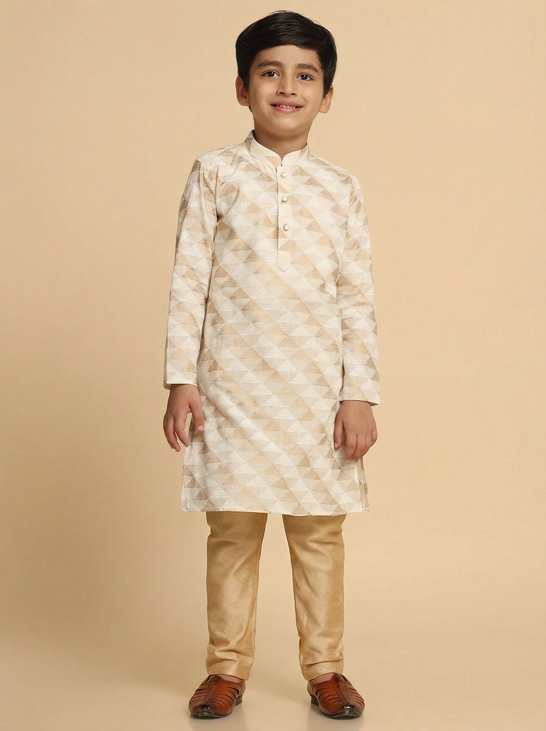 Off White Cotton Blend Printed Kurta Pyjama Set