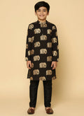Black Cotton Blend Foil Print Kurta Pyjama Set
