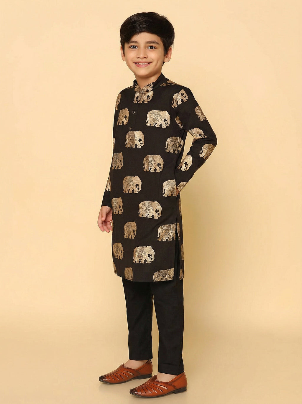 Black Cotton Blend Foil Print Kurta Pyjama Set