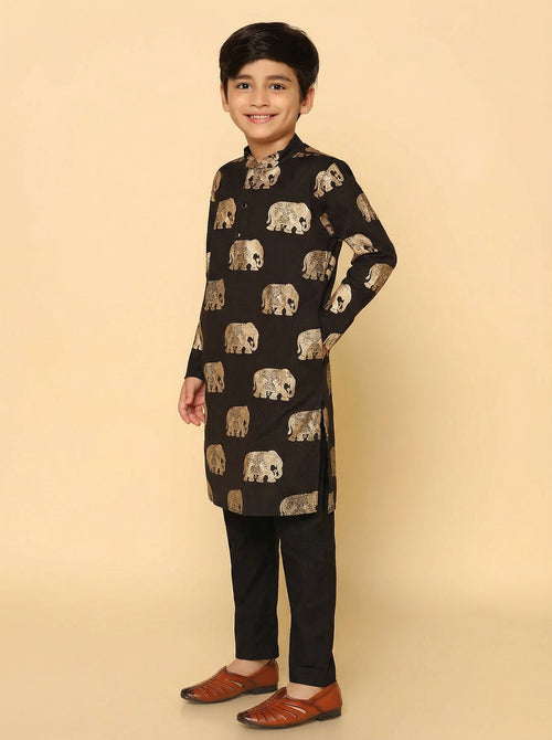 Black Cotton Blend Foil Print Kurta Pyjama Set