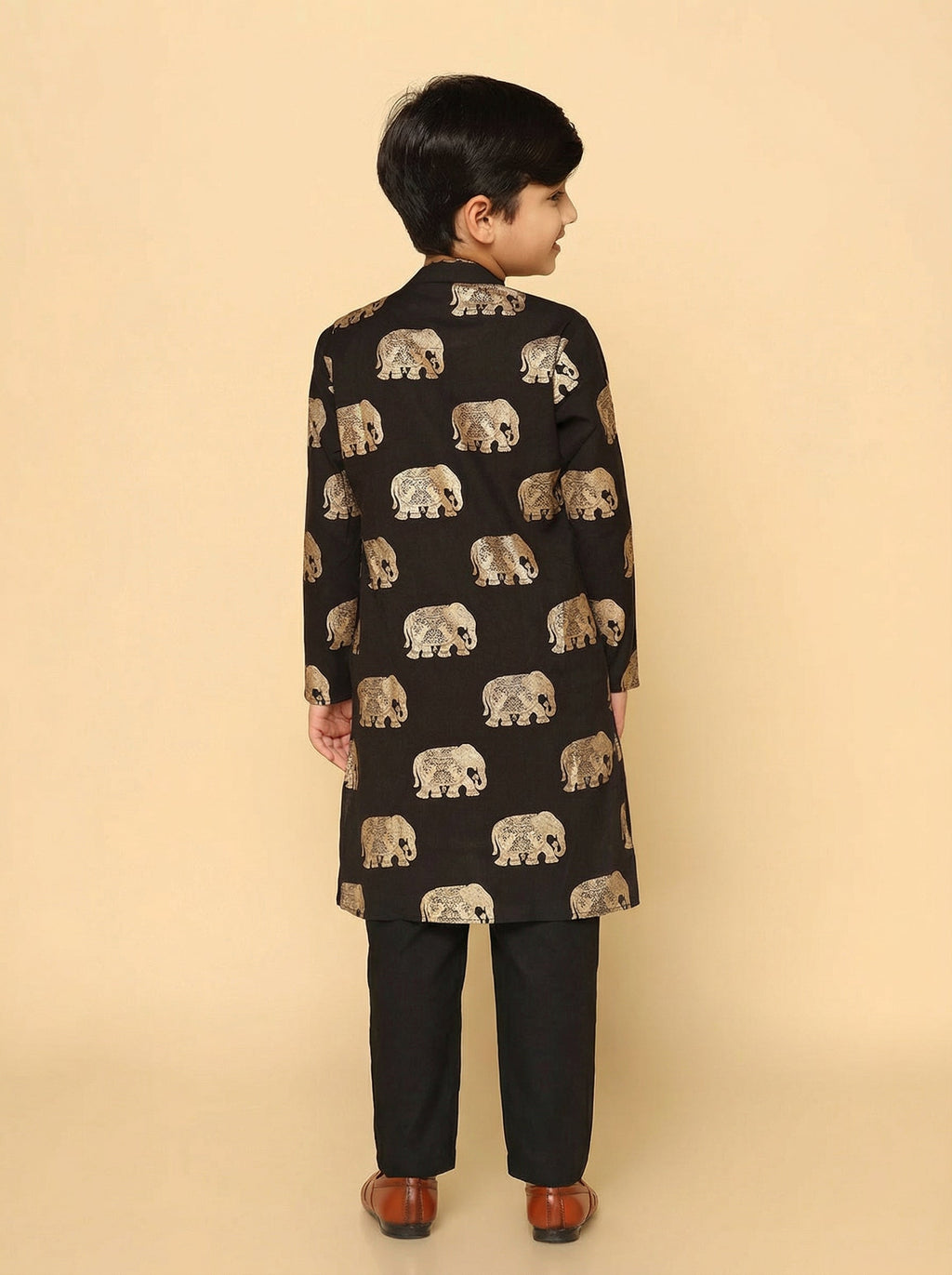 Black Cotton Blend Foil Print Kurta Pyjama Set