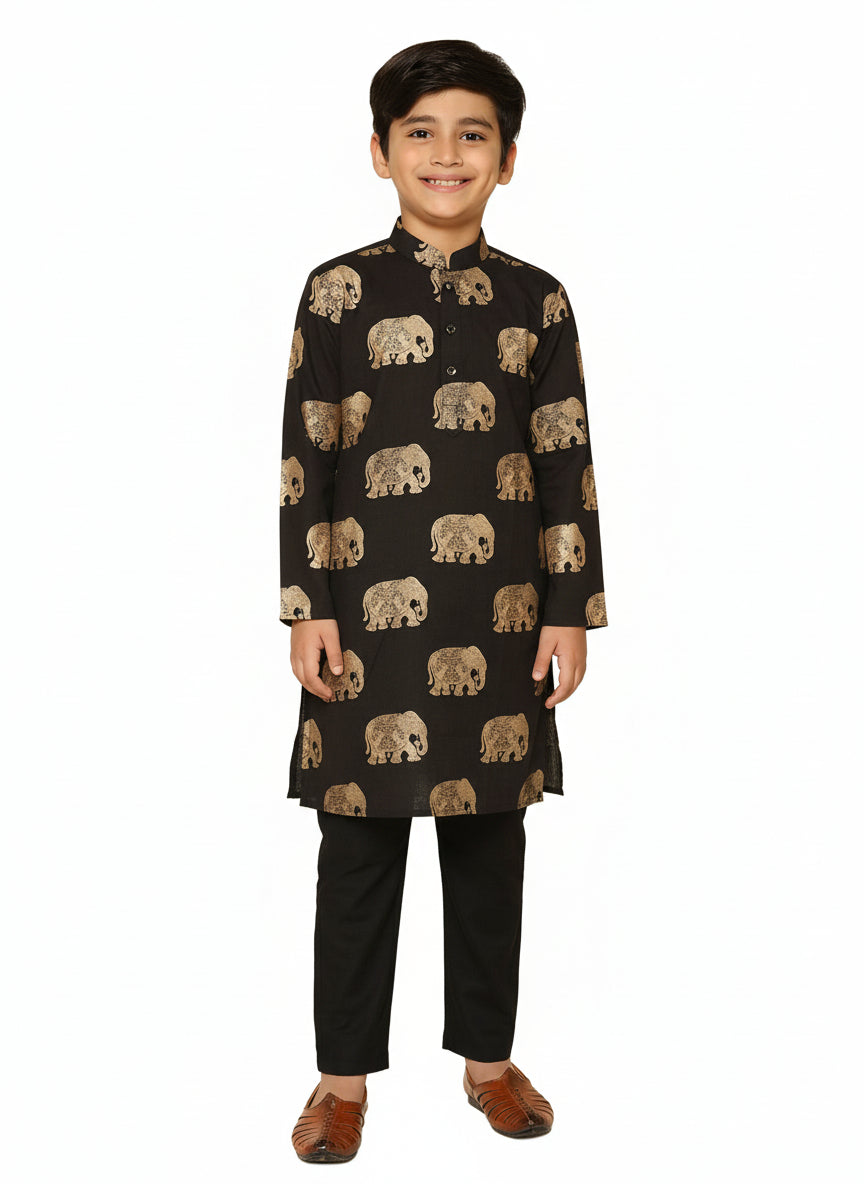 Black Cotton Blend Foil Print Kurta Pyjama Set