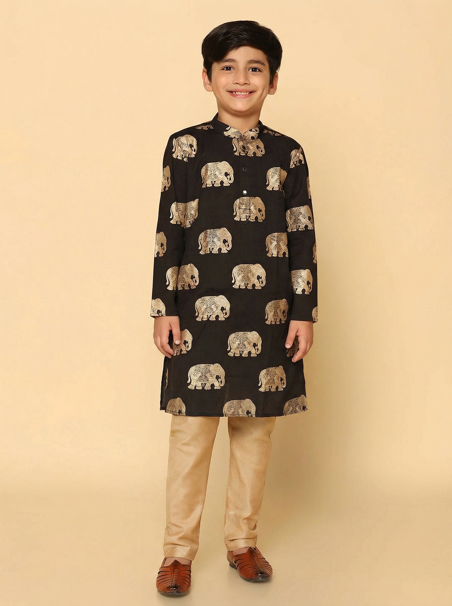 Black Cotton Blend Foil Print Kurta Pyjama Set