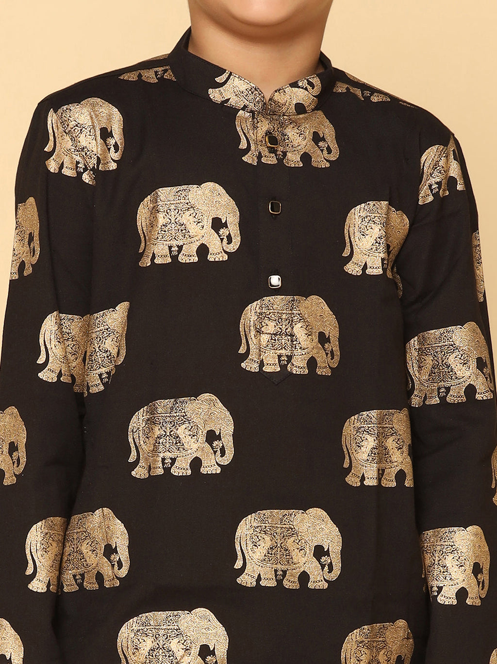 Black Cotton Blend Foil Print Kurta Pyjama Set