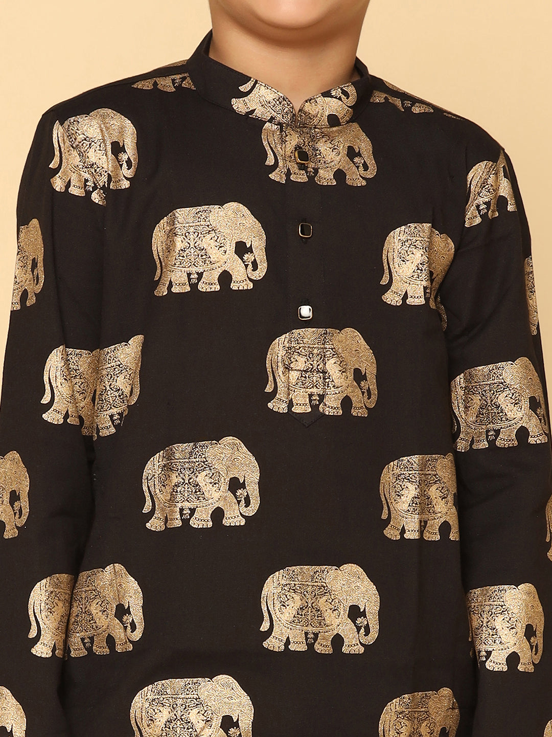Black Cotton Blend Foil Print Kurta Pyjama Set