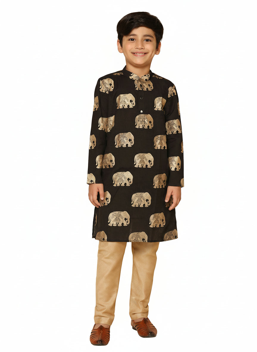 Black Cotton Blend Foil Print Kurta Pyjama Set