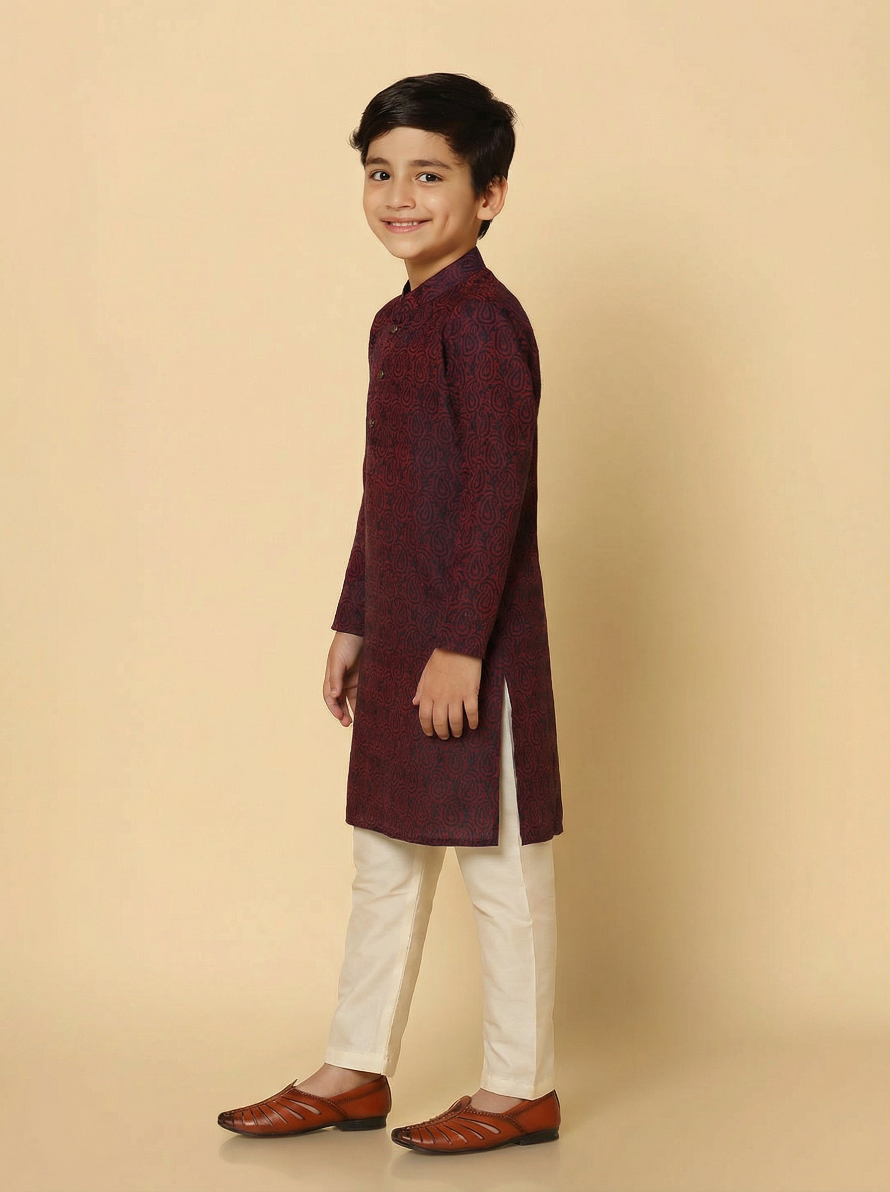 Magenta Silk Blend Jacquard Kurta Pyjama Set