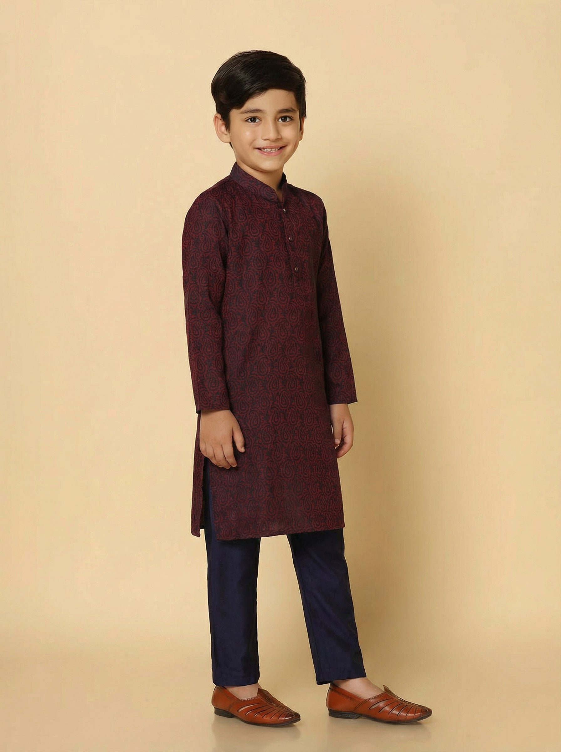 Magenta Silk Blend Jacquard Kurta Pyjama Set
