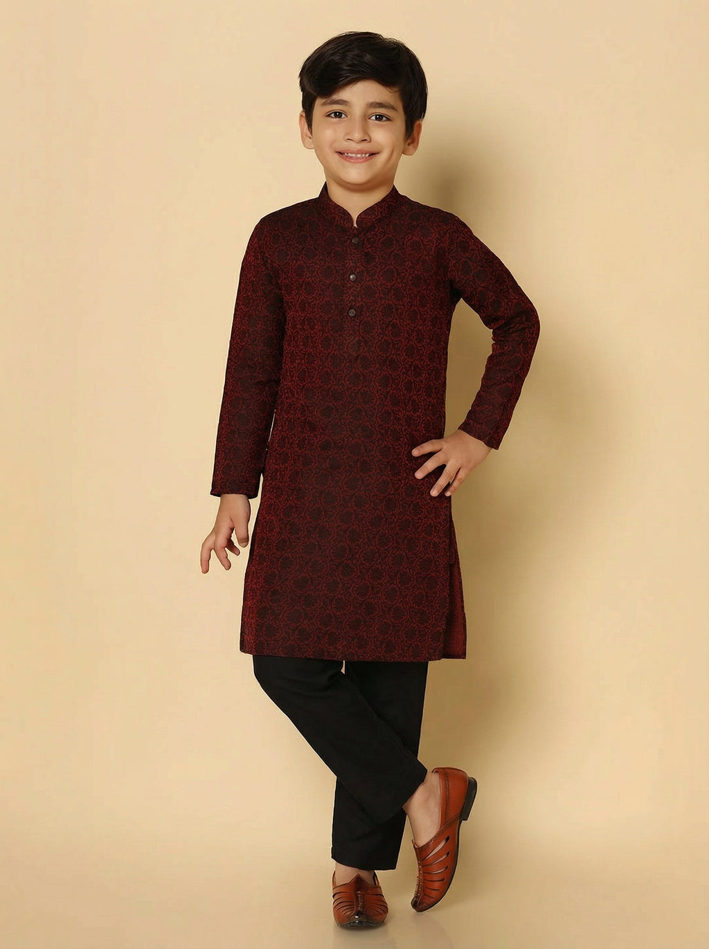 Maroon Silk Blend Jacquard Kurta Pyjama Set