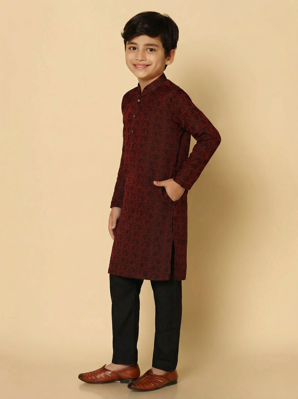 Maroon Silk Blend Jacquard Kurta Pyjama Set