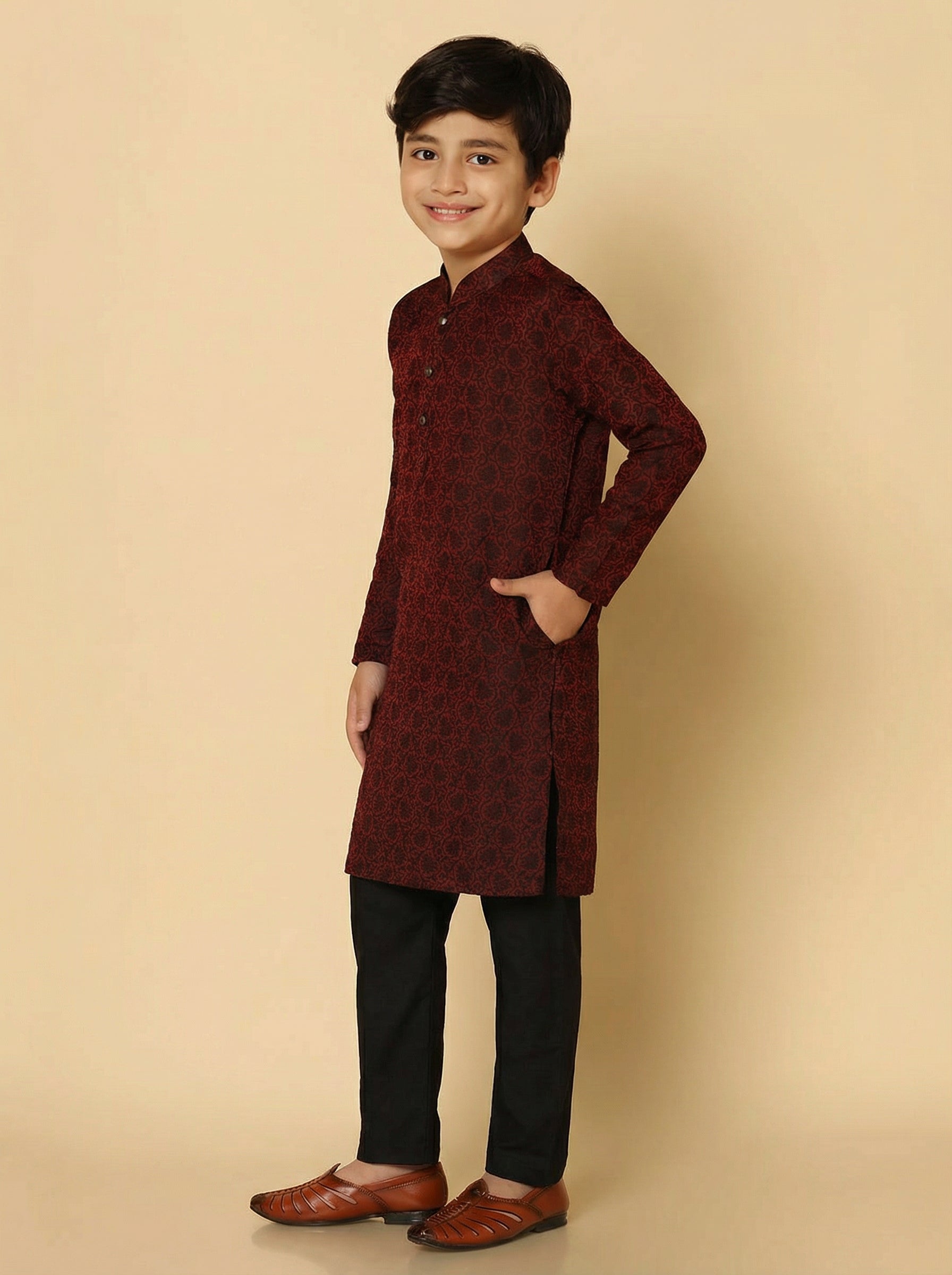 Maroon Silk Blend Jacquard Kurta Pyjama Set