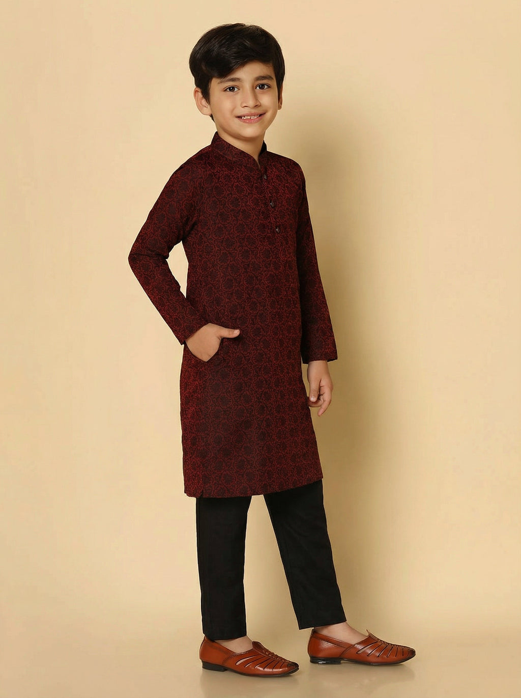 Maroon Silk Blend Jacquard Kurta Pyjama Set