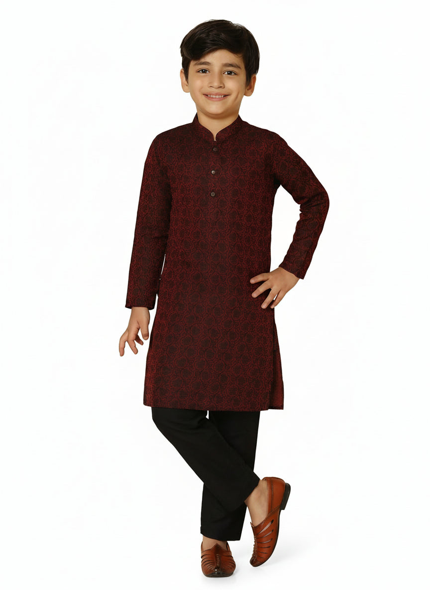 Maroon Silk Blend Jacquard Kurta Pyjama Set