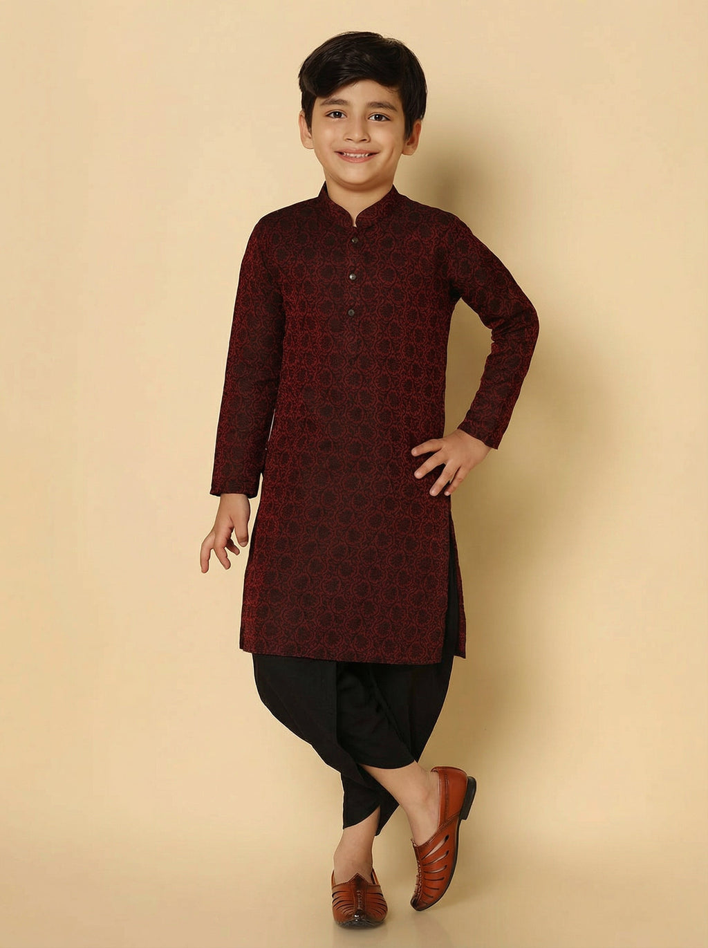 Maroon Silk Blend Jacquard Kurta Dhoti Set