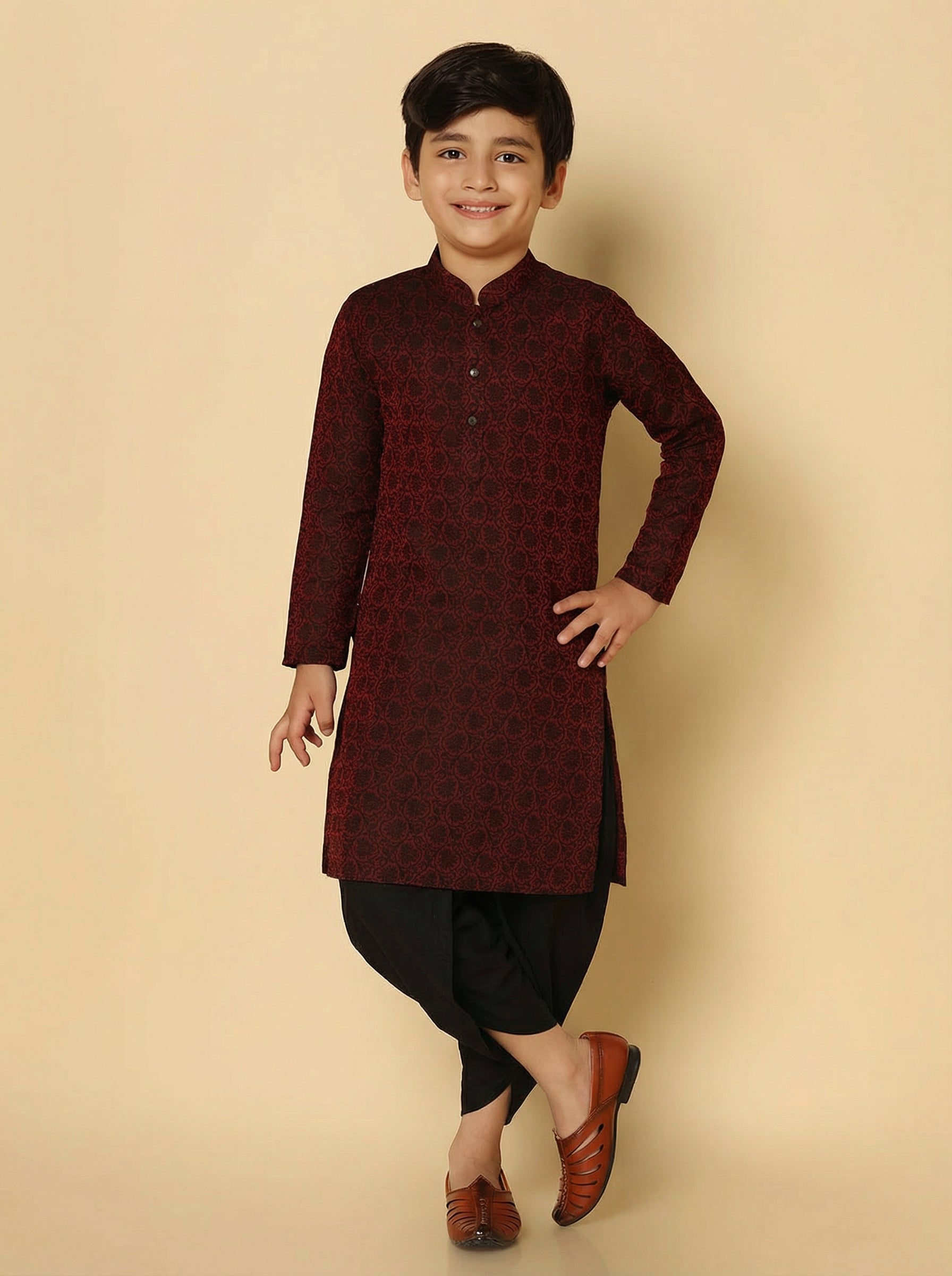 Maroon Silk Blend Jacquard Kurta Dhoti Set