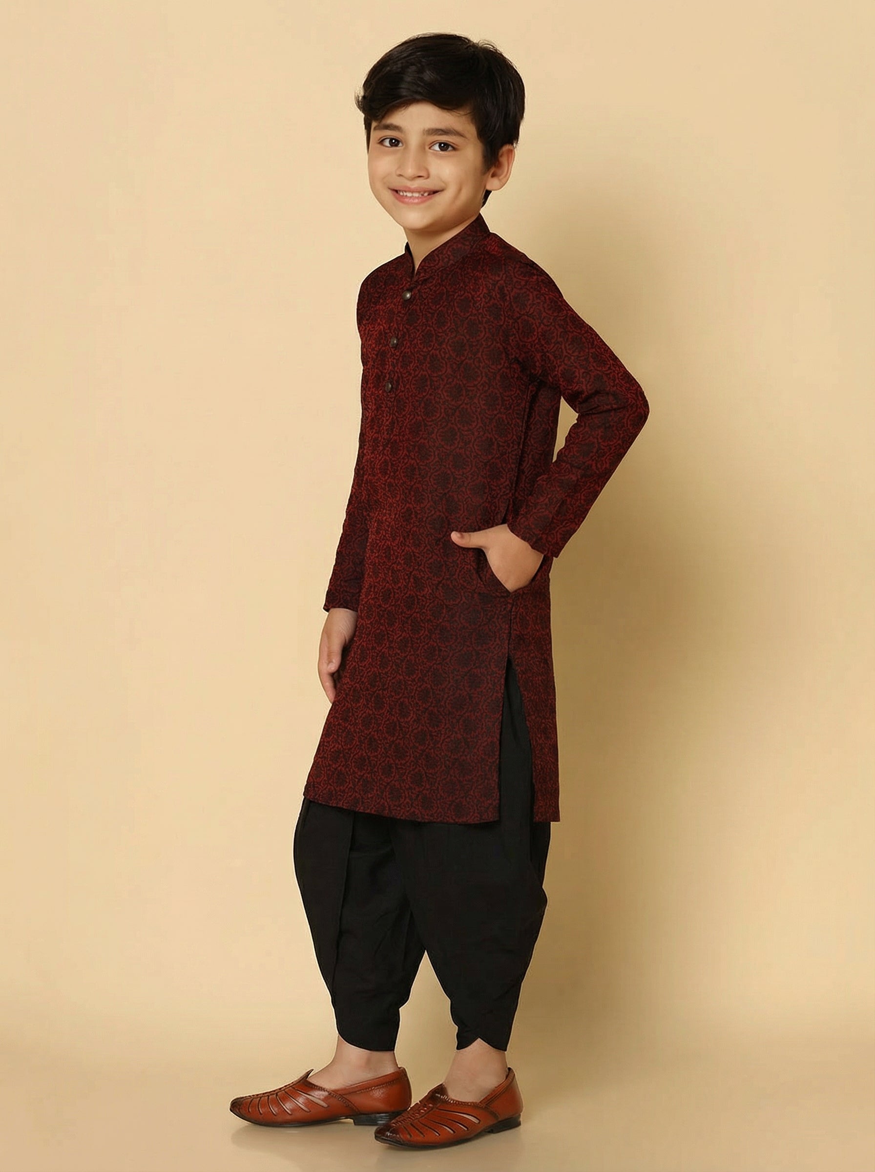 Maroon Silk Blend Jacquard Kurta Dhoti Set