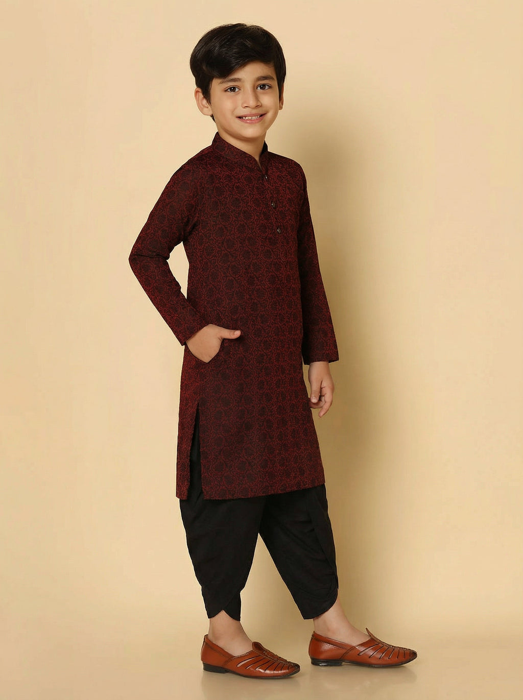 Maroon Silk Blend Jacquard Kurta Dhoti Set