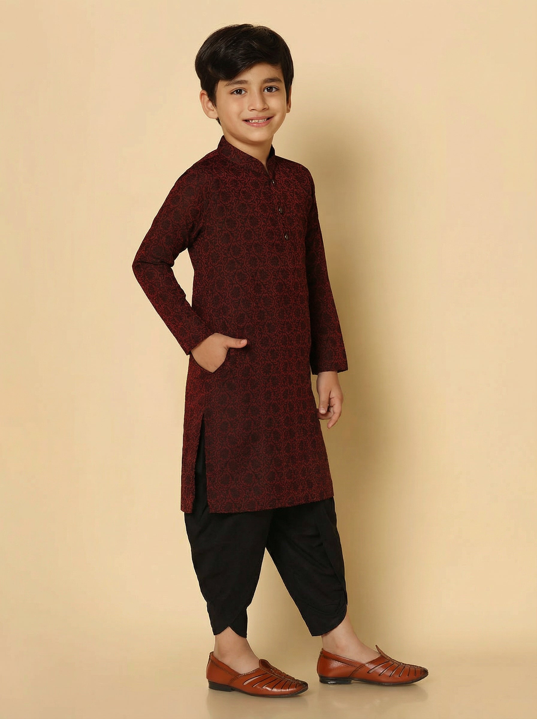 Maroon Silk Blend Jacquard Kurta Dhoti Set