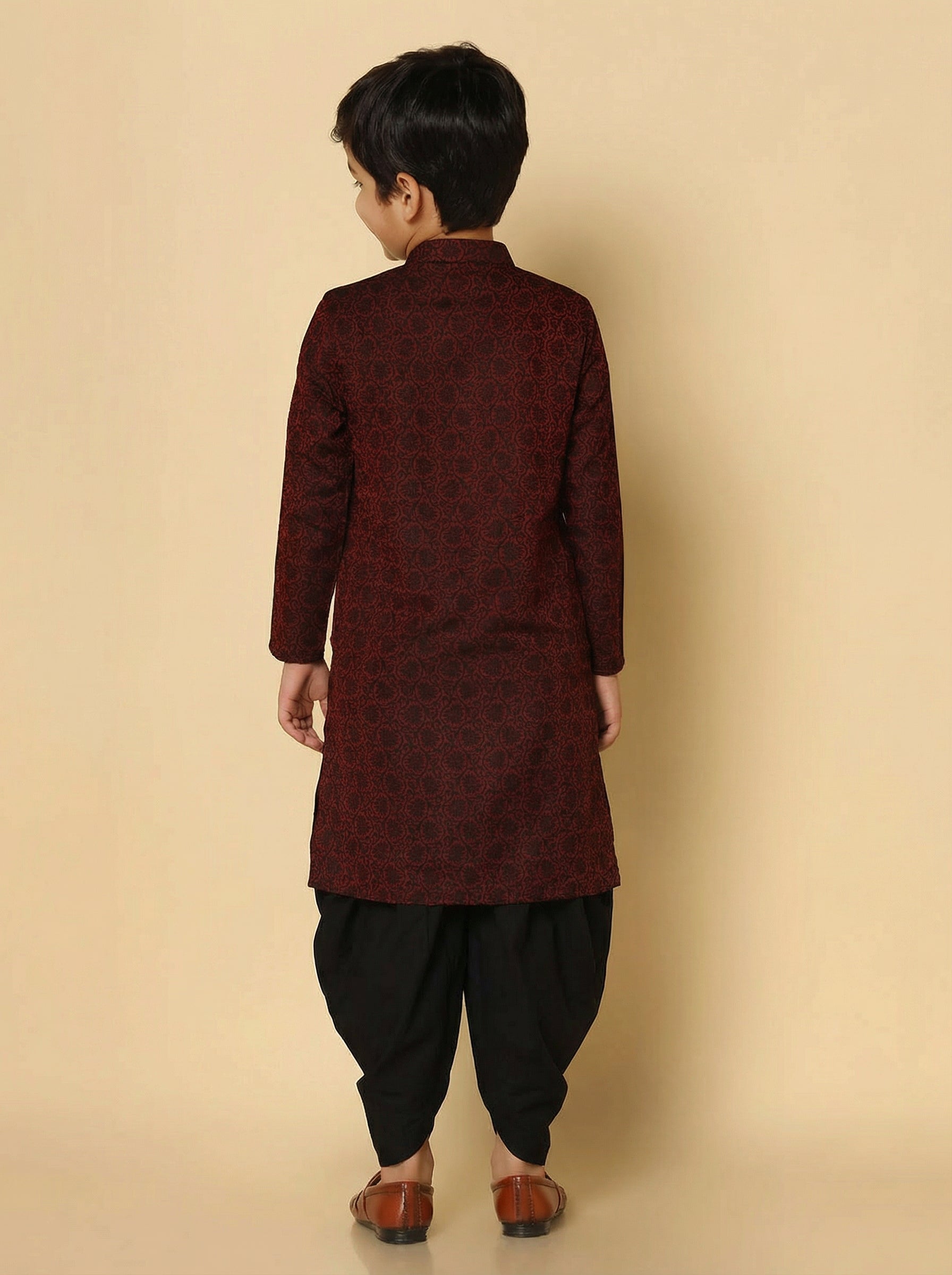Maroon Silk Blend Jacquard Kurta Dhoti Set