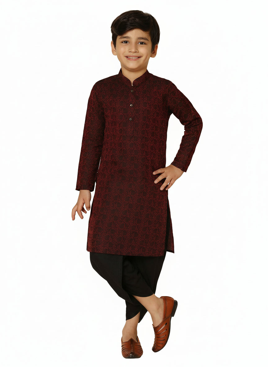 Maroon Silk Blend Jacquard Kurta Dhoti Set