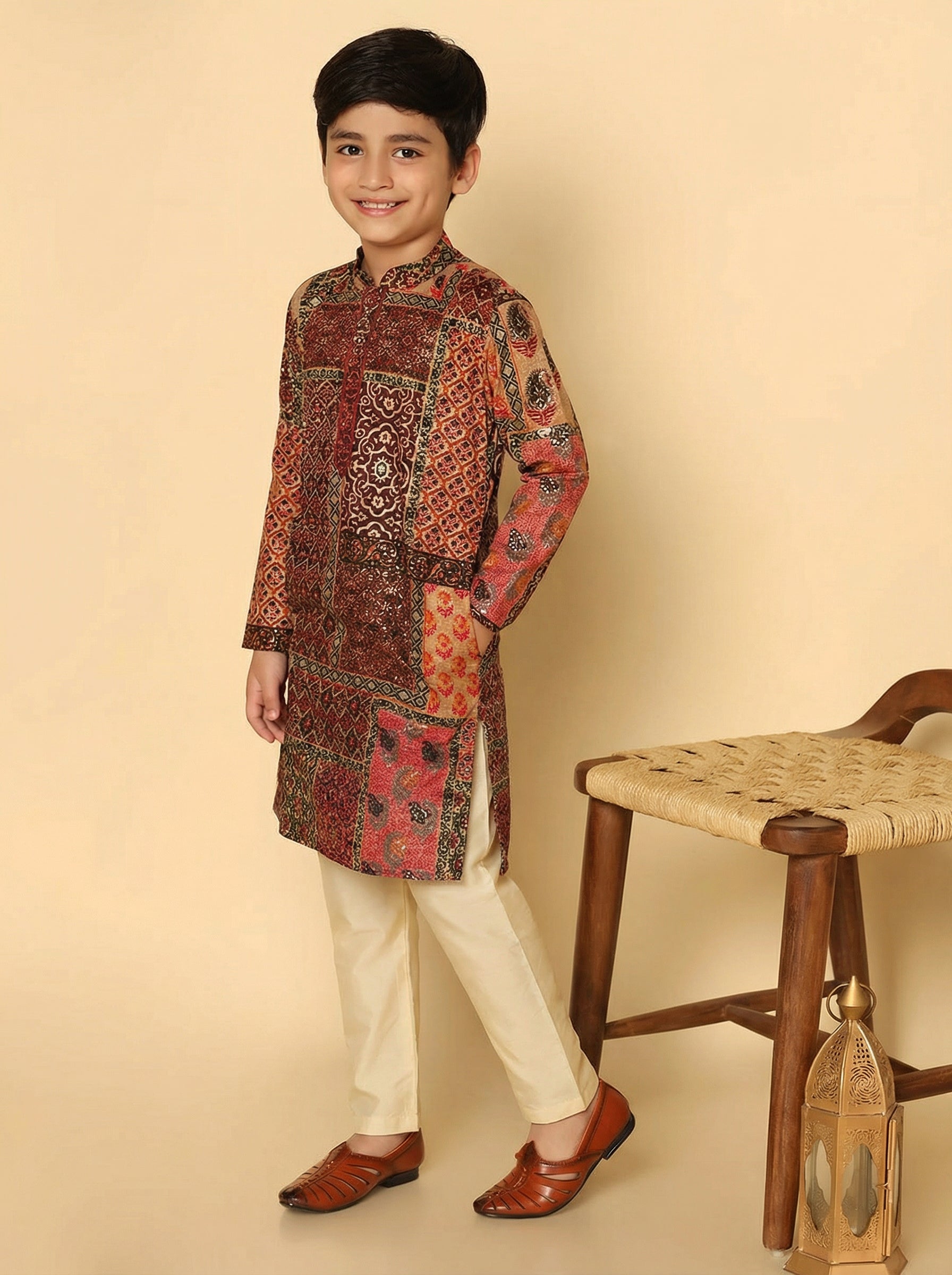 Red Multicolor Cotton Blend Printed Kurta Pyjama Set