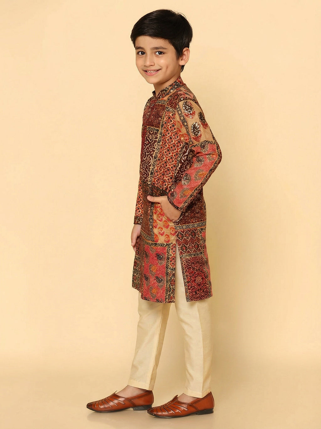 Red Multicolor Cotton Blend Printed Kurta Pyjama Set