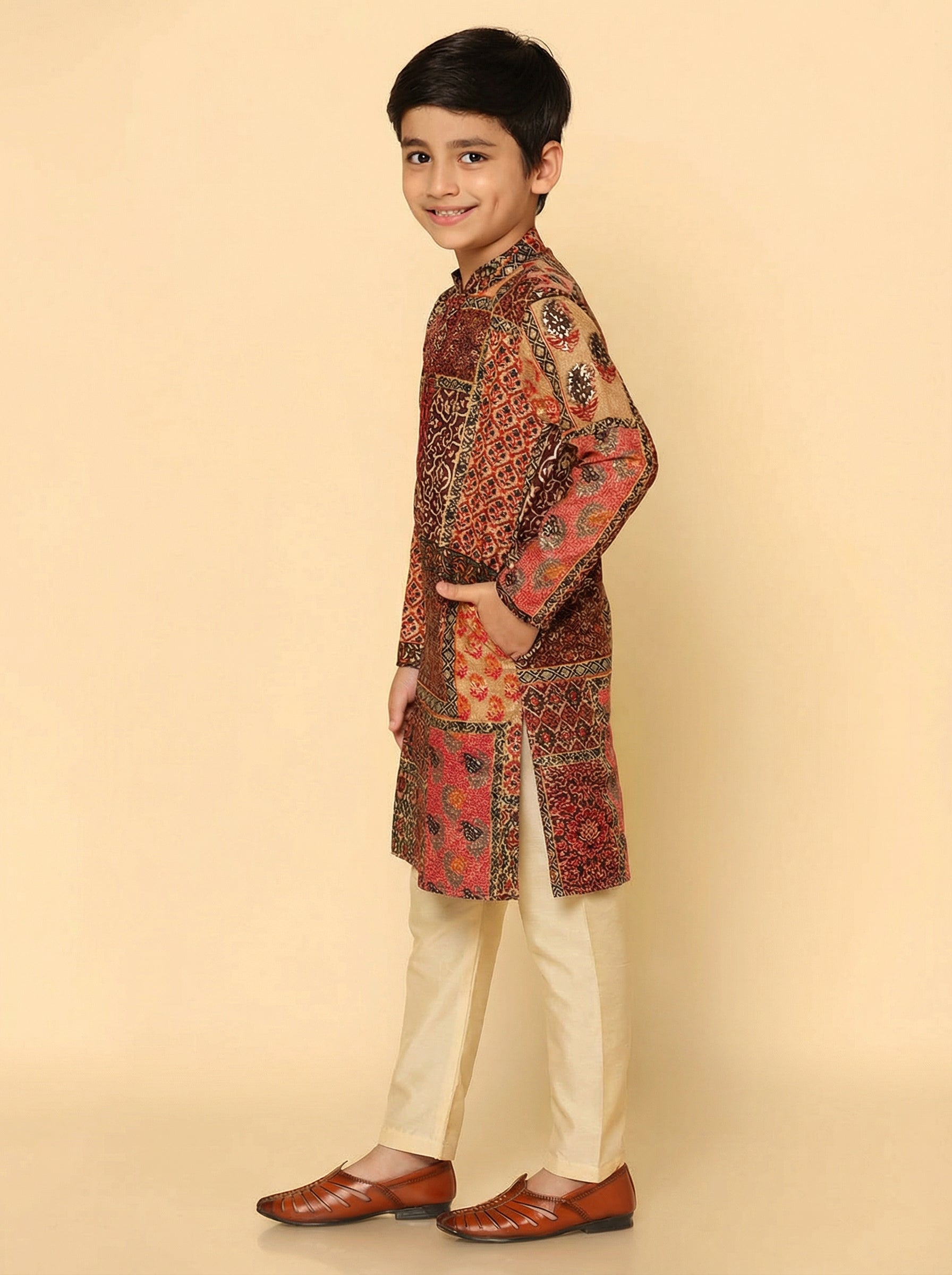 Red Multicolor Cotton Blend Printed Kurta Pyjama Set