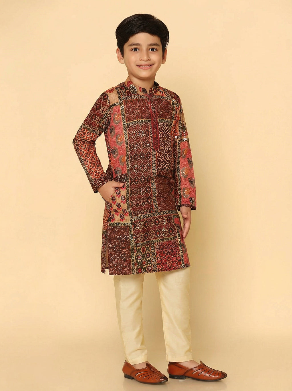 Red Multicolor Cotton Blend Printed Kurta Pyjama Set