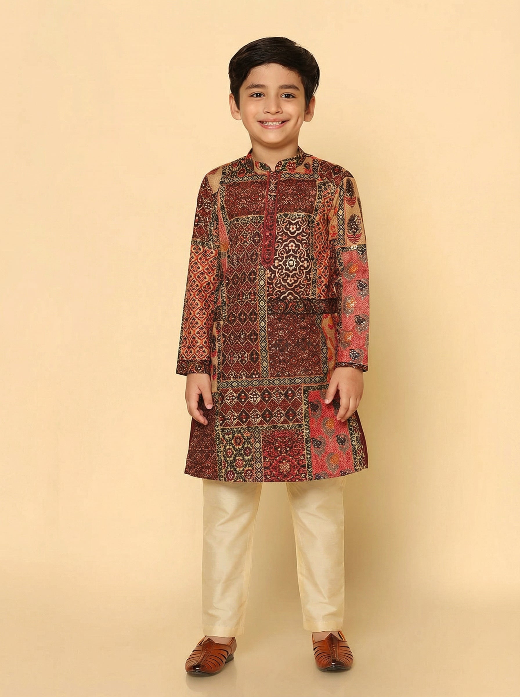 Red Multicolor Cotton Blend Printed Kurta Pyjama Set