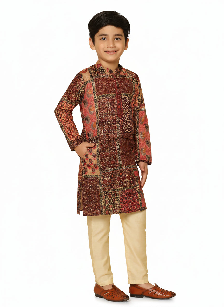 Red Multicolor Cotton Blend Printed Kurta Pyjama Set