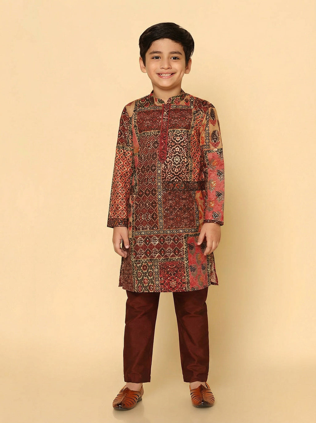 Red Multicolor Cotton Blend Printed Kurta Pyjama Set