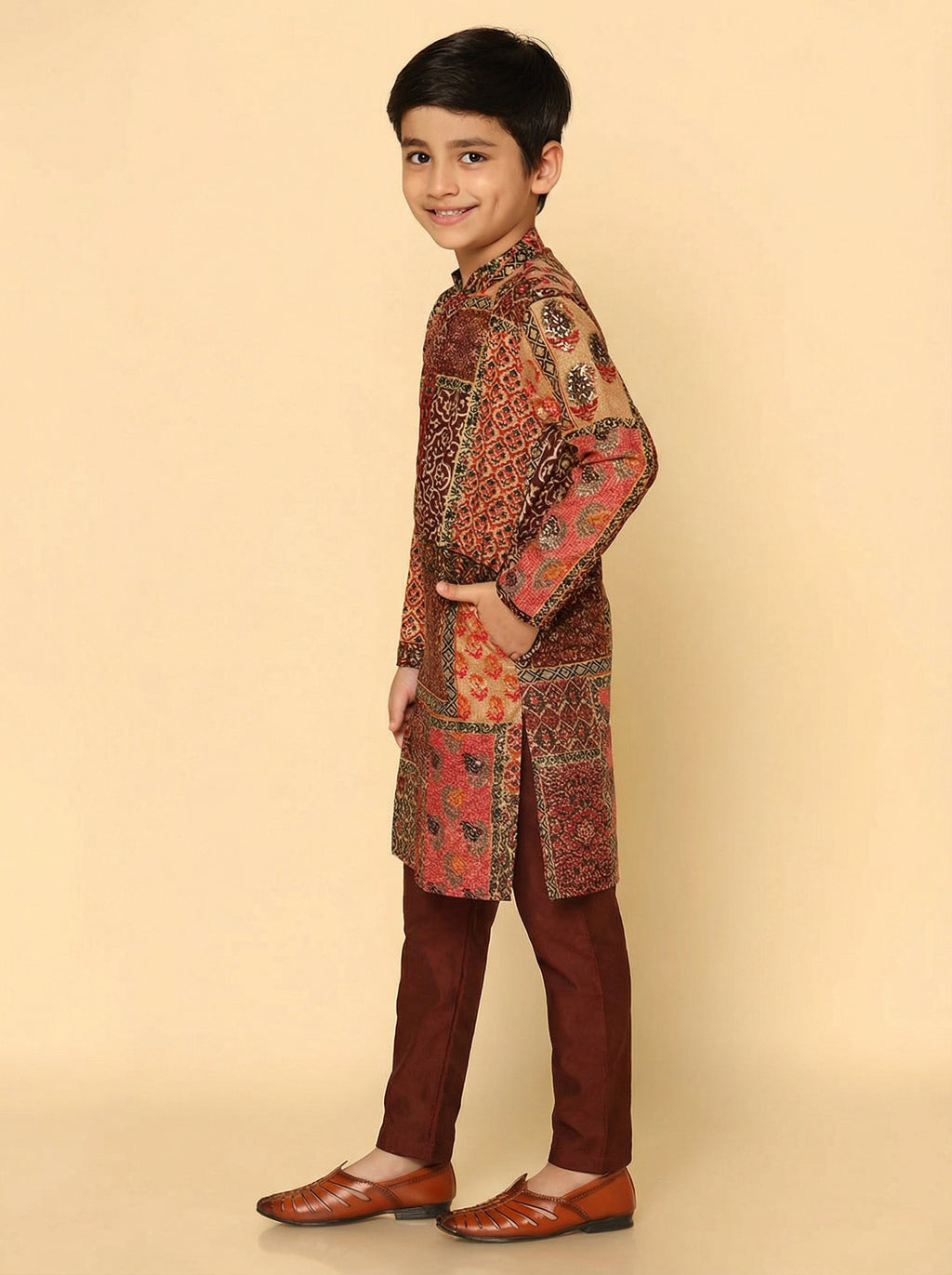Red Multicolor Cotton Blend Printed Kurta Pyjama Set