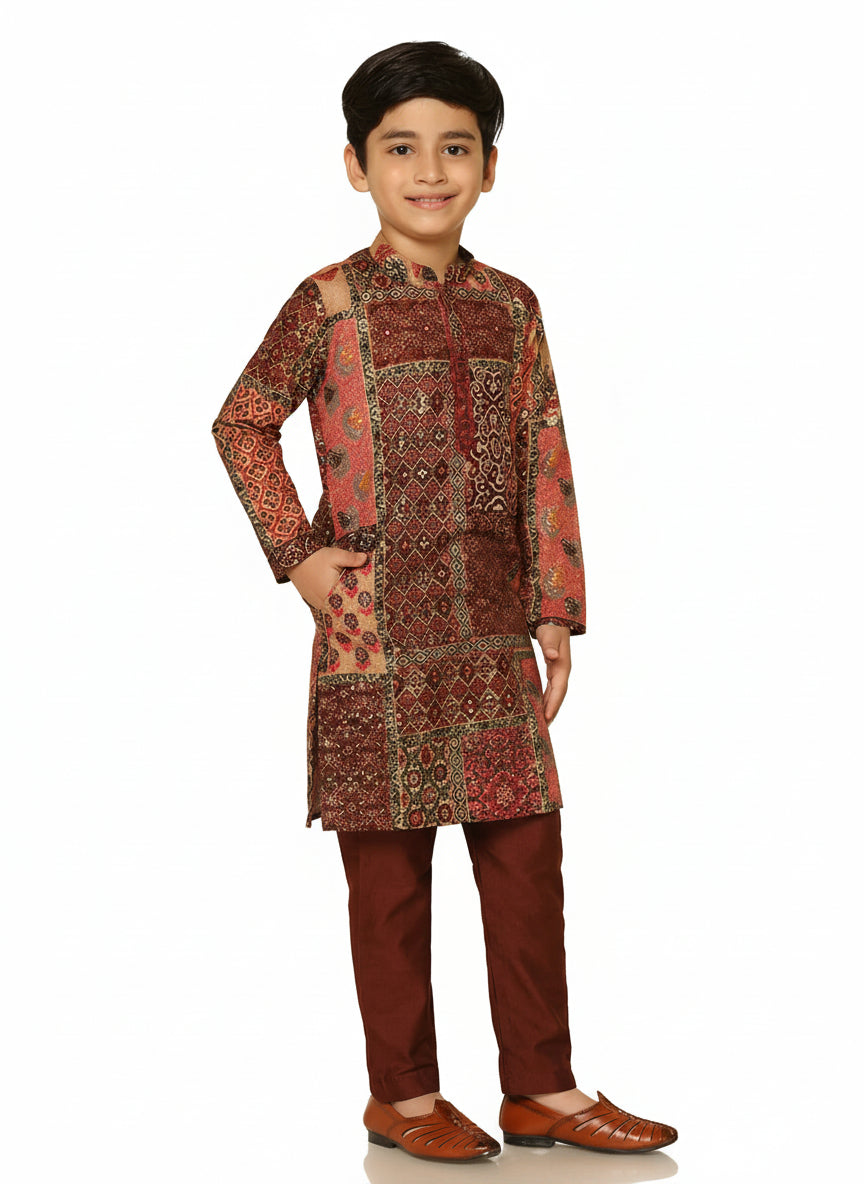 Red Multicolor Cotton Blend Printed Kurta Pyjama Set