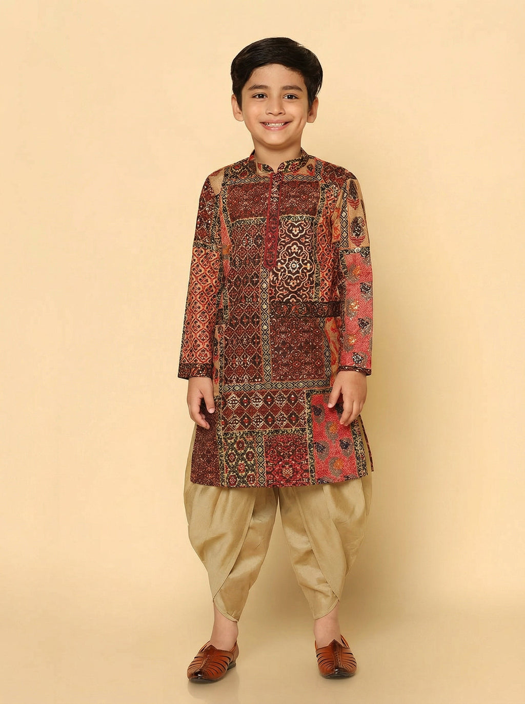 Red Multicolor Cotton Blend Printed Kurta Dhoti Set
