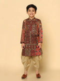 Red Multicolor Cotton Blend Printed Kurta Dhoti Set