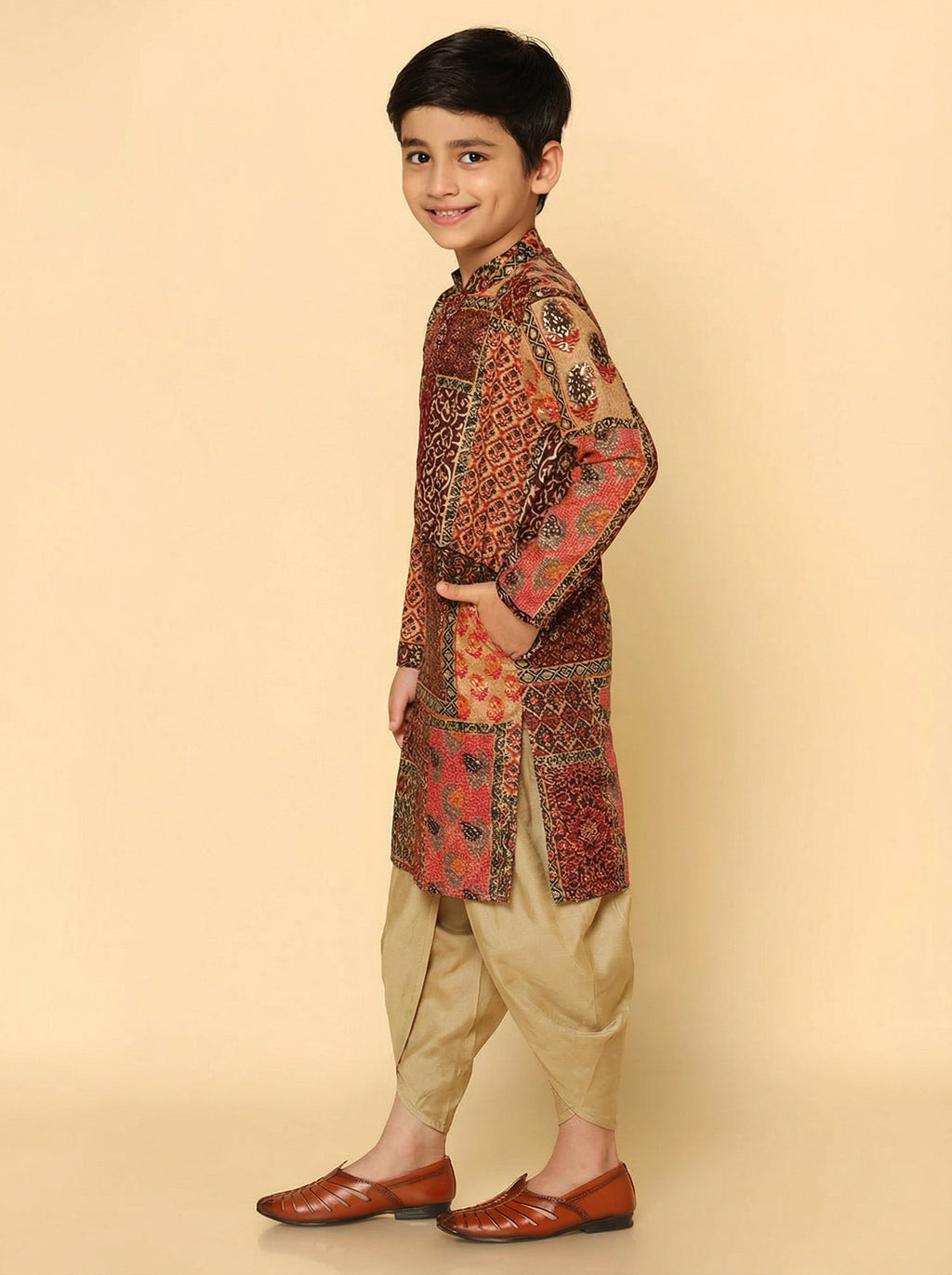 Red Multicolor Cotton Blend Printed Kurta Dhoti Set