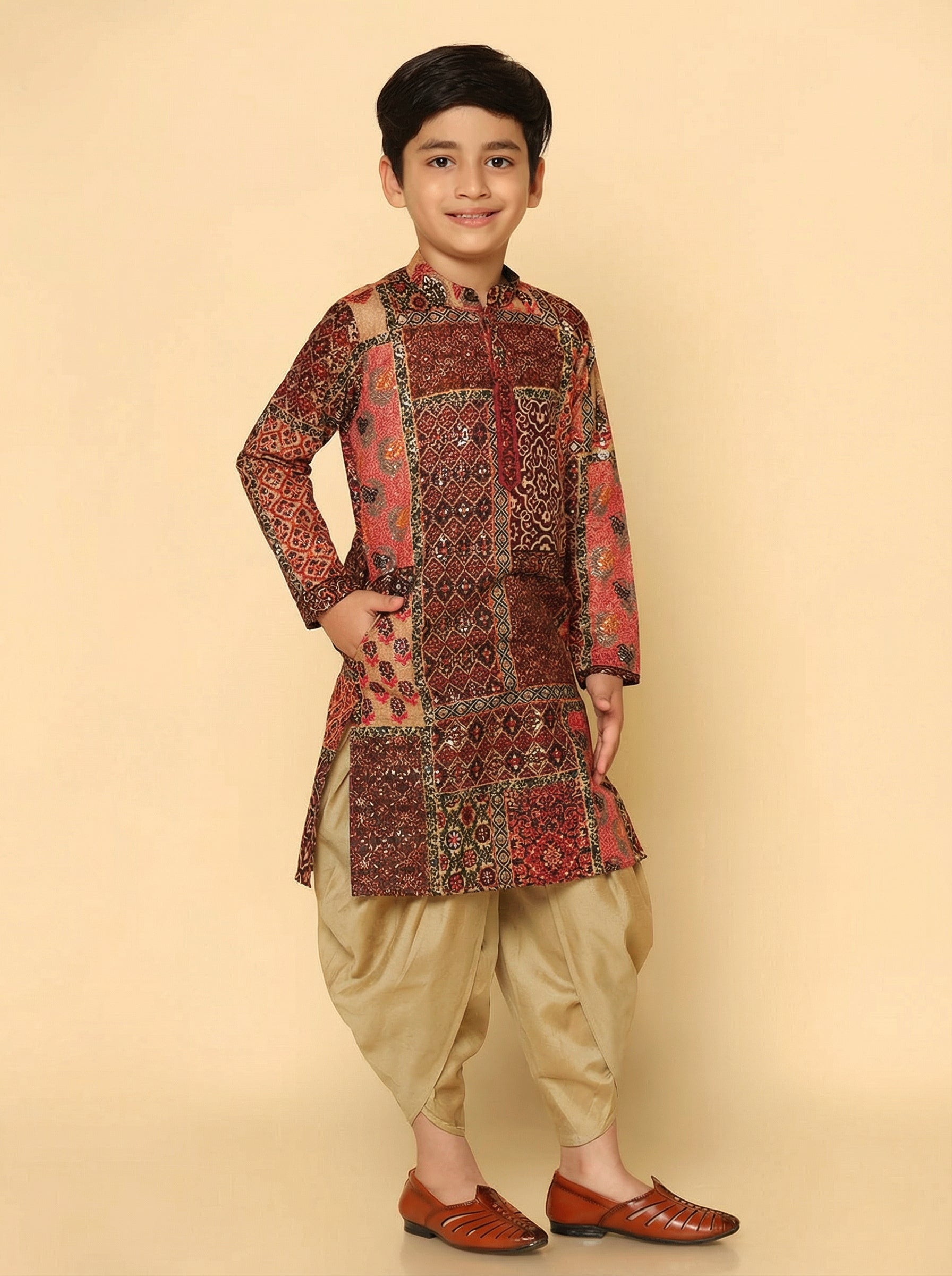 Red Multicolor Cotton Blend Printed Kurta Dhoti Set