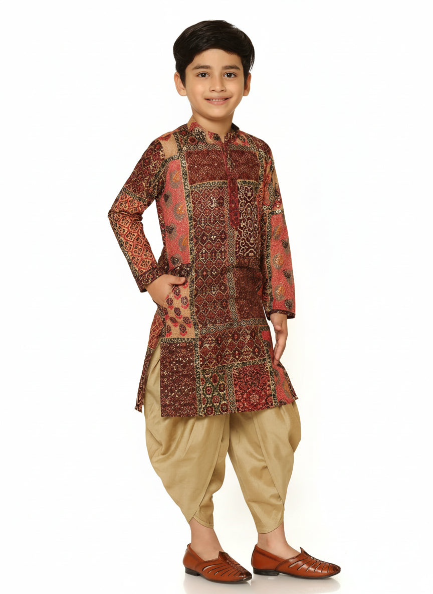 Red Multicolor Cotton Blend Printed Kurta Dhoti Set