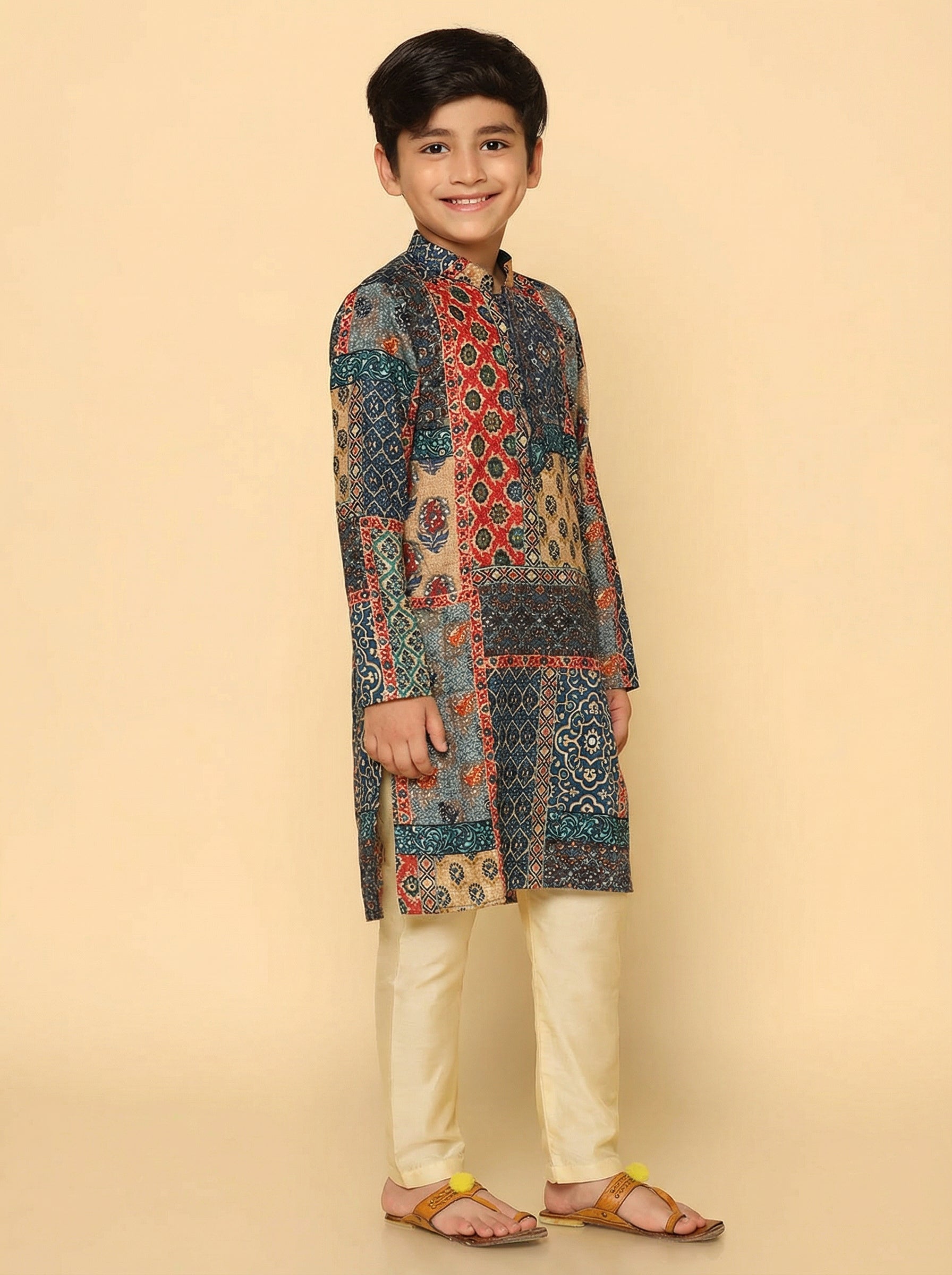 Multicolor Cotton Blend Printed Kurta Pyjama Set