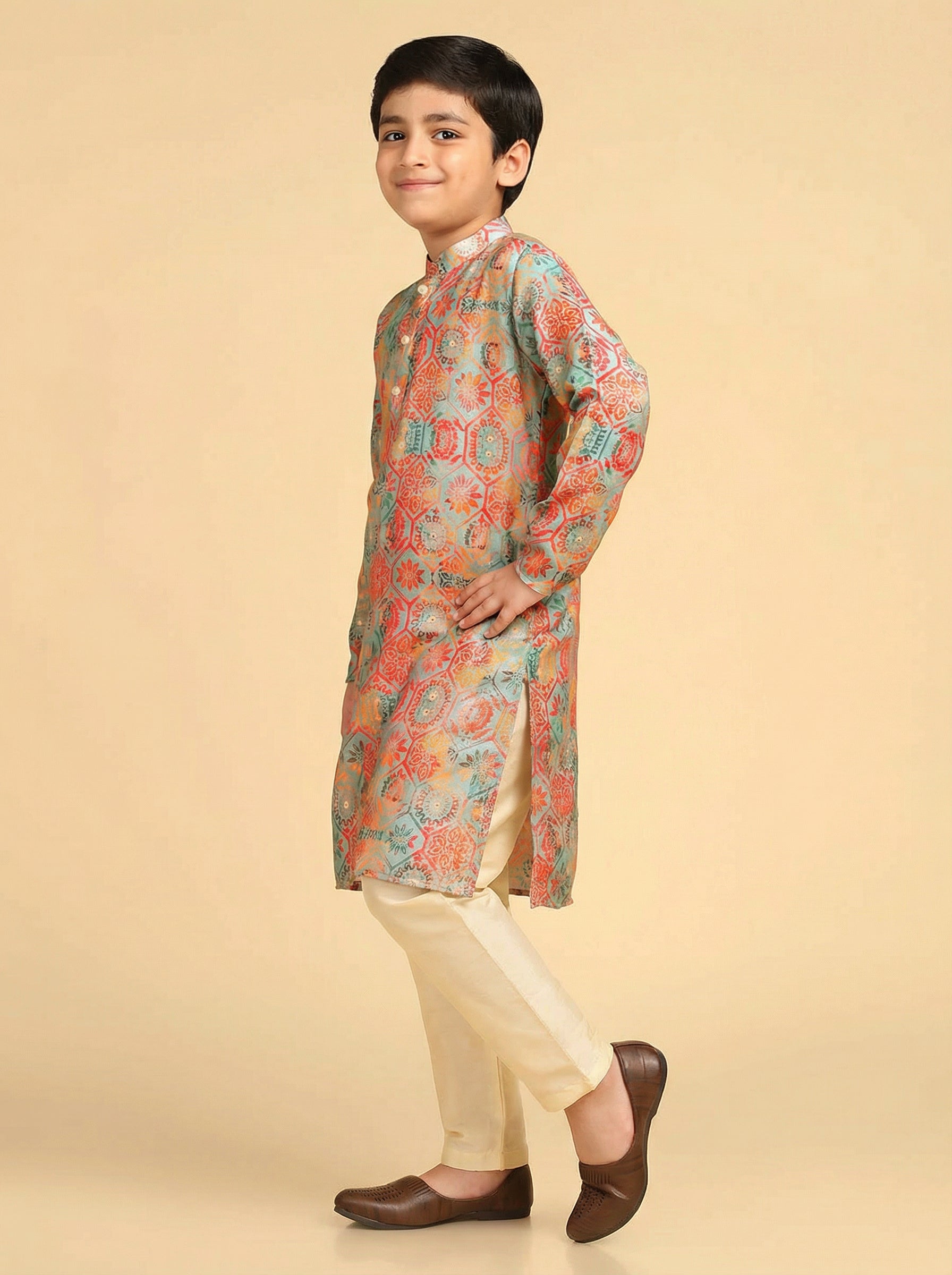 Multicolour Printed Kids Kurta Pyjama Set