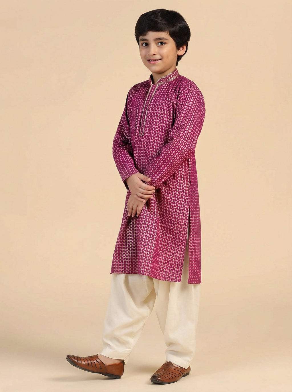 Hot Pink Cotton Blend Printed Kurta Pyjama Set