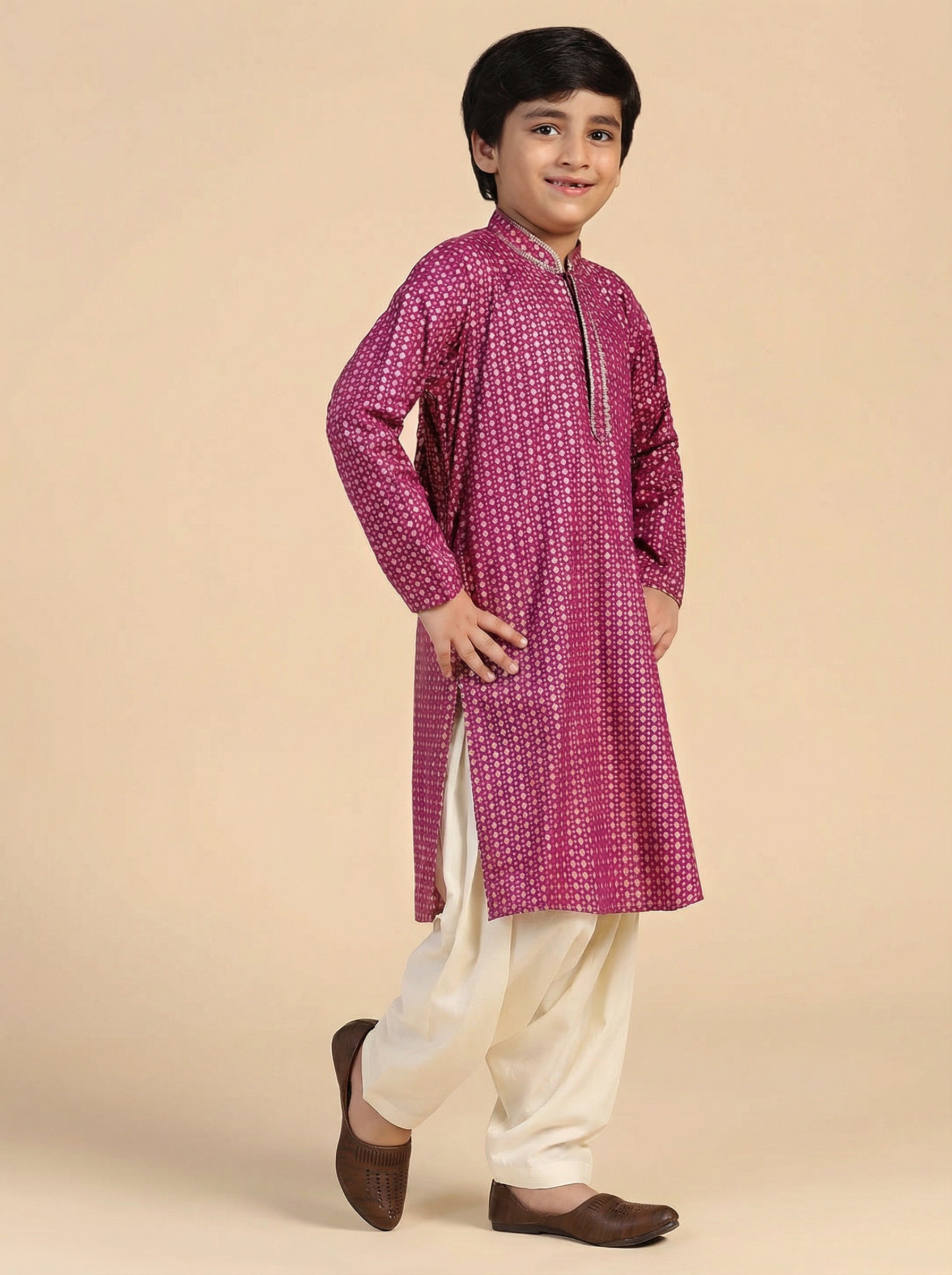 Hot Pink Cotton Blend Printed Kurta Pyjama Set