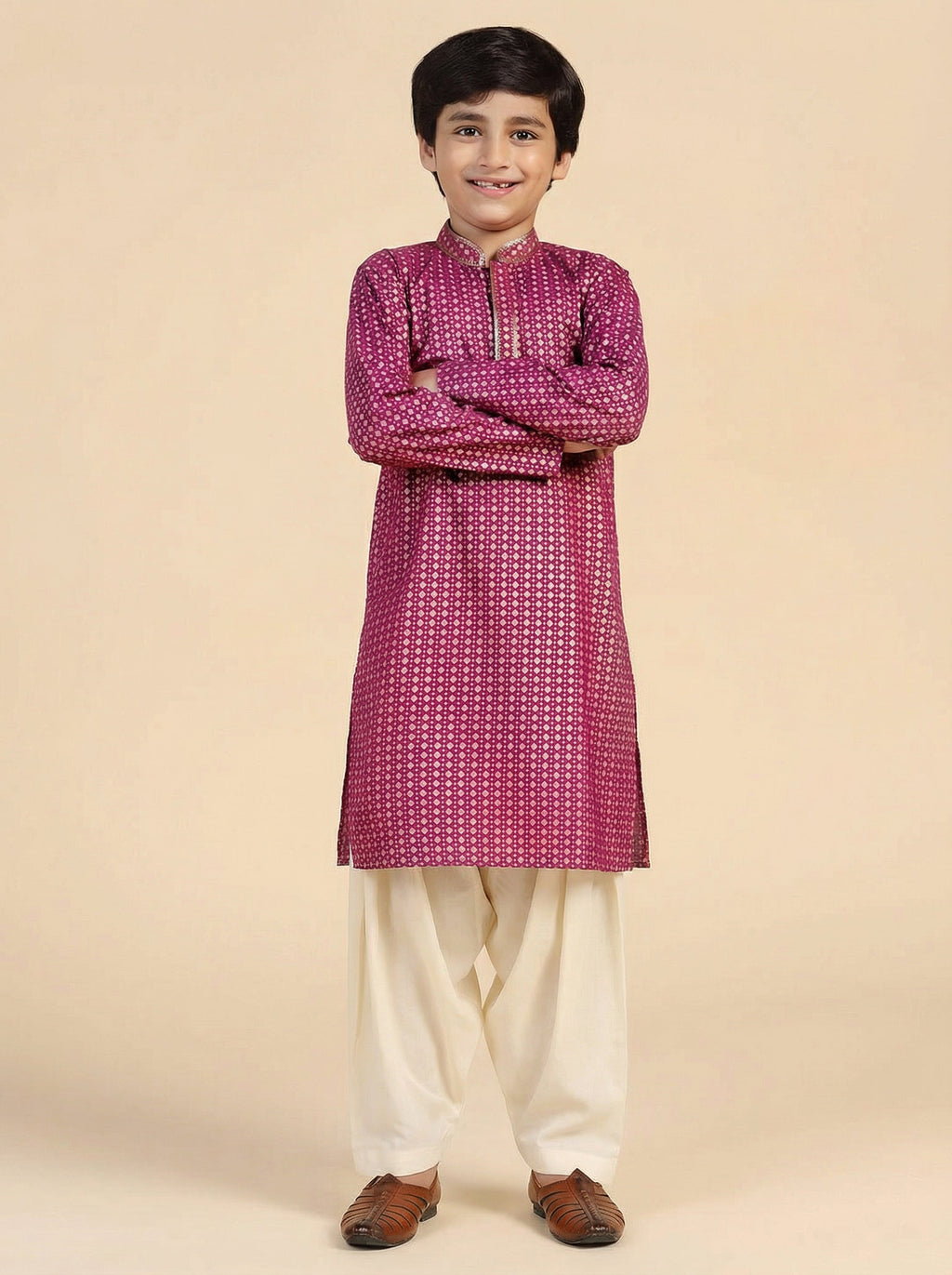Hot Pink Cotton Blend Printed Kurta Pyjama Set