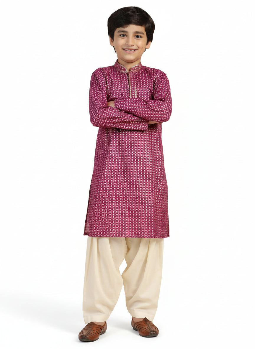 Hot Pink Cotton Blend Printed Kurta Pyjama Set